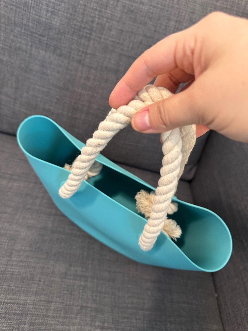 Turquoise Tote with Cream Rope Handles - Picture 4 of 10